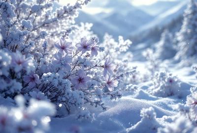 Primary subject: A flower in the snow.

Setting/background: A snowy mountain range in the background.

Visual style: Digital art.

Colors and mood: The image is in black and white, giving it a classic and timeless feel. The snowy mountain range adds a sense of tranquility and serenity to the scene.