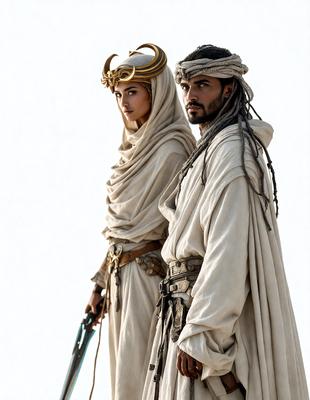 The image features a man and a woman standing next to each other, both dressed in white robes. The woman is wearing a headpiece, while the man has a beard. They appear to be in a desert-like environment, with a sandy surface visible in the background. The overall atmosphere of the image is serene and peaceful.