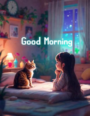 The primary subject of the image is a young girl sitting on a bed, looking at a cat. The setting is a cozy bedroom with a potted plant nearby. The visual style is a digital art or illustration, creating a warm and inviting atmosphere. The colors are predominantly soft and pastel, with the girl's hair being a prominent feature.