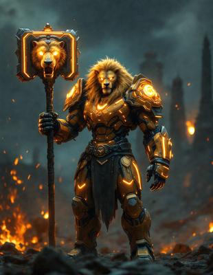 Primary subject: A character with a lion head, holding a hammer.

Setting/background: A dark, possibly demonic, environment.

Visual style: Digital art.

Colors and mood: The character is orange and yellow, giving it a fierce and powerful appearance.