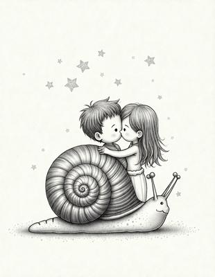 The primary subject of the image is a boy and a girl who are kissing each other. They are standing on a large, colorful snail, which serves as the setting or background of the scene. The visual style of the image is a combination of digital art and illustration, creating a whimsical and playful atmosphere. The colors used in the image are predominantly shades of pink, blue, and green, which contribute to the overall mood of the scene.