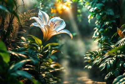 The primary subject of the image is a white flower, likely a lily, with a yellow center, sitting in a forest. The setting is a forest path surrounded by green plants and trees. The visual style is a photo, capturing the beauty of the flower in its natural environment. The dominant colors are green, white, and yellow, creating a serene and peaceful atmosphere.