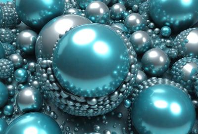 The primary subject of the image is a large, shiny, blue sphere. The setting is a background of other blue spheres, creating a visually appealing and cohesive scene. The visual style is a combination of photo and digital art, as the spheres appear to be both realistic and artistic in nature. The colors and mood of the image are predominantly blue, giving it a calm and serene atmosphere.