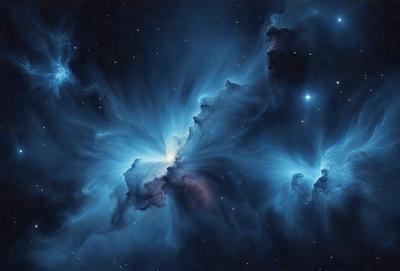 The primary subject of the image is a blue nebula, which is a cloud of gas and dust in space. The setting is a dark, starry sky, with the nebula being the main focus of the image. The visual style is a combination of a photo and digital art, creating a unique and captivating representation of the nebula. The dominant colors are blue and purple, giving the image a serene and celestial atmosphere.