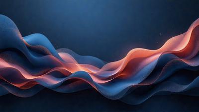 The primary subject of the image is a blue and orange wave, which appears to be a digital art or illustration. The setting is a dark blue background, creating a contrasting and dramatic effect. The visual style is modern and artistic, with the wave's colors and patterns creating a dynamic and vibrant atmosphere.