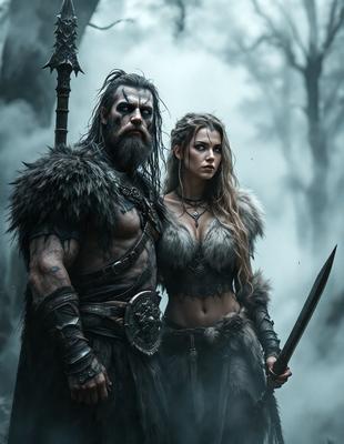 The primary subject of the image is a man and a woman dressed in medieval-style clothing, standing together in a forest. The setting is a dark, foggy forest with trees in the background. The visual style appears to be a digital art or illustration, creating a dramatic and mysterious atmosphere. The dominant colors are dark shades, such as black, brown, and gray, which contribute to the overall mood of the scene.