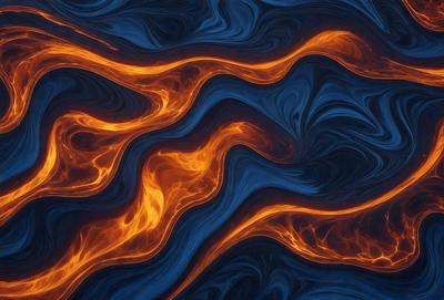 The primary subject of the image is a blue and orange swirling pattern, which appears to be a digital art or illustration. The setting is a dark blue background, and the visual style gives the impression of a painting or a textured surface. The dominant colors are blue and orange, creating a vibrant and dynamic atmosphere.