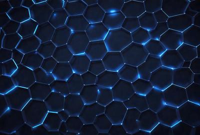 The primary subject of the image is a blue, geometric pattern. The setting is a dark background, which contrasts with the blue pattern. The visual style is a digital art or illustration, creating a unique and intricate design. The colors and mood of the image are predominantly blue, giving it a calm and serene atmosphere.