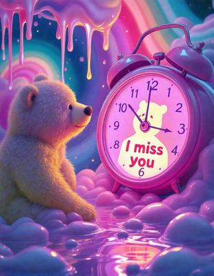 The primary subject of the image is a teddy bear sitting in front of a pink clock. The setting is a pink and white background, which gives the scene a whimsical and playful atmosphere. The visual style is a digital art, illustration, or drawing, as the bear and clock are depicted in a detailed and artistic manner. The colors and mood of the image are predominantly pink and white, creating a warm and cheerful ambiance.