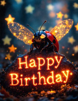 The primary subject of the image is a ladybug, which is the main object, scene, or focus of the image. The ladybug is sitting on a rock, which serves as the setting or background. The visual style of the image is digital art, as it is a digital illustration of a ladybug. The colors and mood of the image are predominantly orange and yellow, creating a warm and cheerful atmosphere.
