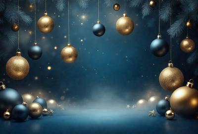 The primary subject of the image is a group of gold and blue Christmas ornaments hanging from strings. The setting is a dark blue background, which creates a contrasting and dramatic effect. The visual style is a digital art, as the ornaments are depicted in a detailed and realistic manner. The colors and mood of the image are predominantly gold and blue, giving it a festive and celebratory atmosphere.