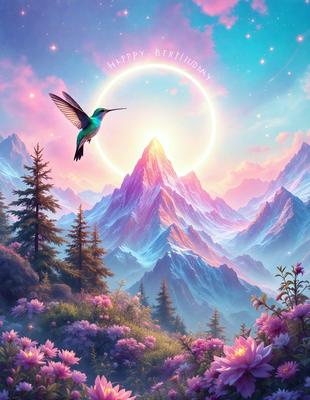 Primary subject: A green and blue bird flying in front of a mountain.

Setting/background: A beautiful mountain range with a pink and purple sky.

Visual style: Digital art.

Colors and mood: The image is colorful and has a serene, dreamy atmosphere.