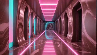 The primary subject of the image is a long, narrow hallway with a pink and purple lighting effect. The setting is a futuristic, underground tunnel with a marble floor. The visual style is a combination of digital art and illustration, creating a unique and captivating atmosphere. The dominant colors are pink and purple, giving the scene a vibrant and energetic mood.