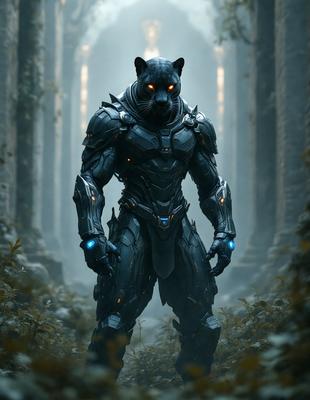 Primary subject: A robot with a cat-like head, standing in a forest.

Setting/background: The robot is standing in a forest with trees and a path.

Visual style: The robot is a digital art creation.

Colors and mood: The robot has a blue and silver color scheme, giving it a futuristic and technological appearance. The forest setting adds a sense of mystery and intrigue to the scene.