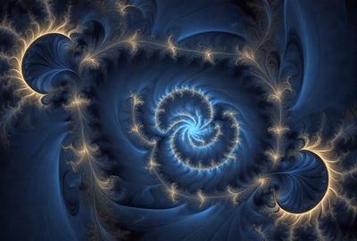 The primary subject of the image is a spiral pattern, which is the main object, scene, or focus of the image. The spiral pattern is set against a blue background, creating a visually striking contrast. The image is a digital art piece, showcasing the artist's creativity and skill in designing intricate patterns. The dominant colors in the image are blue and yellow, giving it a vibrant and lively atmosphere.