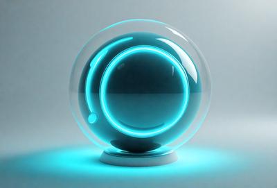 The primary subject of the image is a large, blue, glowing sphere. The setting is a white background, which provides a clean and minimalist appearance. The visual style is a digital art, as the sphere appears to be a 3D model or a digital rendering. The colors and mood of the image are predominantly blue, creating a calm and serene atmosphere.