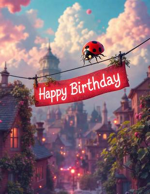 The primary subject of the image is a red banner with the words "Happy Birthday" written on it. The banner is hanging from a wire, and it is placed in front of a beautifully illustrated scene of a city. The setting includes a castle, a clock tower, and a variety of other buildings. The visual style of the image is a combination of photo and digital art, creating a vibrant and lively atmosphere. The colors and mood of the image are predominantly warm and cheerful, reflecting the joyful message conveyed by the "Happy Birthday" banner.