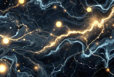 The primary subject of the image is a blue and yellow nebula, which is a swirling mass of gas and dust in space. The setting is a dark, starry sky, with the nebula as the main focus. The visual style is a digital art or illustration, creating a vibrant and dynamic scene. The dominant colors are blue and yellow, giving the image a lively and energetic atmosphere.