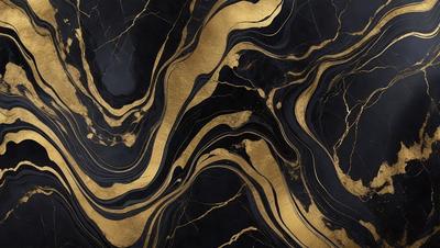 The primary subject of the image is a marble table with a gold-colored design. The setting is a black background, which contrasts with the gold and marble. The visual style is a combination of a photo and digital art, creating a unique and eye-catching design. The colors and mood of the image are predominantly black and gold, giving it a luxurious and elegant appearance.