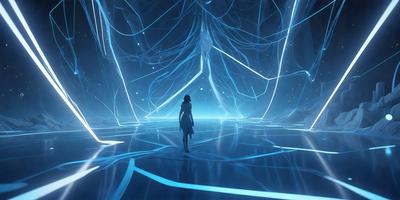 The primary subject of the image is a woman standing in a futuristic, blue-lit environment. She is wearing a white dress and appears to be walking through a tunnel-like structure. The setting is a large, open space with a blue-tinted atmosphere. The visual style of the image is a combination of photo and digital art, creating a unique and captivating scene. The colors and mood of the image are predominantly blue, giving it a futuristic and otherworldly feel.