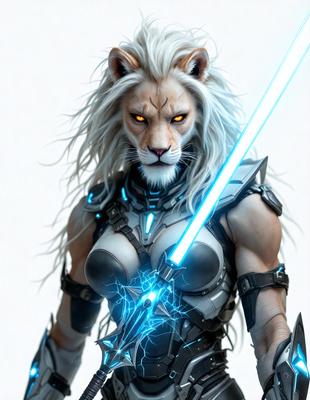 The primary subject of the image is a female character, possibly a lioness, dressed in a futuristic outfit and holding a blue sword. The setting appears to be a white background, which emphasizes the character and her weapon. The visual style is a combination of digital art and illustration, creating a striking and detailed representation of the character. The colors and mood of the image are predominantly blue and futuristic, giving the character a powerful and technological appearance.