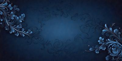 The primary subject of the image is a blue background with a decorative design. The setting is a dark blue background, which creates a moody atmosphere. The visual style is a combination of digital art and illustration, as the design is intricate and detailed. The colors and mood of the image are predominantly dark and dramatic, with the blue background serving as the main color.