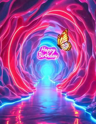 Happy Birthday: [The main object, scene, or focus of the image is a butterfly flying through a tunnel with a "Happy Birthday" message.]

Setting/background: [The environment, backdrop, or surface visible in the image is a tunnel with a pink and blue color scheme.]

Visual style: [The image is a digital art or illustration.]

Colors and mood: [The dominant colors in the image are pink and blue, creating a warm and celebratory atmosphere.]