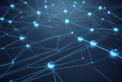 The primary subject of the image is a blue, glowing network of interconnected lines, which resembles a web or a mesh. The setting is a dark background, which contrasts with the bright blue lines. The visual style is a combination of digital art and illustration, creating a unique and captivating pattern. The colors and mood of the image are predominantly blue, with a sense of depth and intricacy.