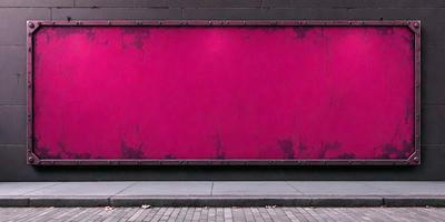 The primary subject of the image is a large, pink, metal wall. The setting is an outdoor area with a sidewalk and a brick surface. The visual style is a photo, capturing the vibrant color of the pink wall. The colors and mood of the image are predominantly pink, creating a warm and inviting atmosphere.