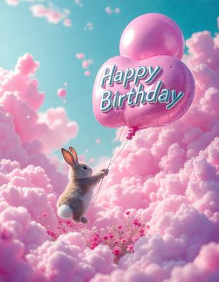 The primary subject of the image is a cute bunny holding onto a pink birthday balloon. The setting is a pink cloudy background, which adds a whimsical and playful atmosphere to the scene. The visual style is a digital art, creating a vibrant and colorful image. The dominant colors are pink and white, giving the image a cheerful and celebratory mood.