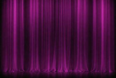 The primary subject of the image is a purple curtain, which is the main object, scene, or focus of the image. The setting is a stage or theater, with the curtains hanging down. The visual style is a photo, and the colors and mood are predominantly purple, creating a dramatic and theatrical atmosphere.