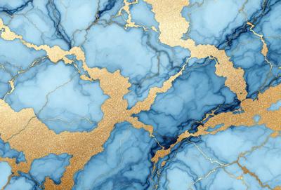 The primary subject of the image is a blue and gold marble wall. The setting is a room with a blue and gold marble wall, which serves as the background. The visual style is a combination of a photo and digital art, creating a unique and intricate design. The dominant colors are blue and gold, giving the wall a luxurious and elegant appearance.