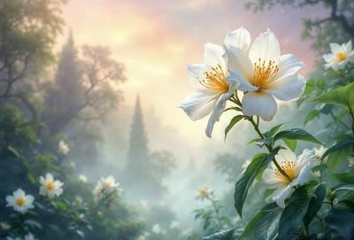 The primary subject of the image is a white flower with yellow pollen, which is blooming in a forest setting. The flower is surrounded by a lush green forest, creating a serene and natural atmosphere. The visual style of the image is a combination of photo and digital art, giving it a realistic yet artistic appearance. The dominant colors in the image are white and green, with the white flower and green foliage creating a sense of freshness and tranquility.