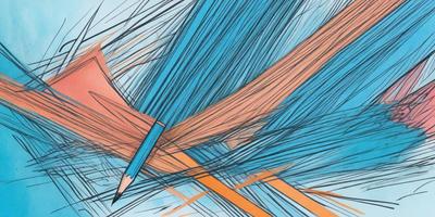 The primary subject of the image is a pencil, which is prominently displayed in the foreground. The setting is a blue background, and the visual style appears to be a combination of digital art and illustration. The colors and mood of the image are predominantly blue and orange, creating a vibrant and lively atmosphere.
