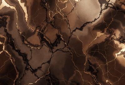 The primary subject of the image is a close-up of a marble surface with a pattern of gold and brown streaks. The setting is a room with a brown and gold marble wall, which adds to the overall atmosphere of the scene. The visual style of the image is a close-up of the marble surface, showcasing the intricate patterns and textures. The colors and mood of the image are warm and rich, with the gold and brown tones creating a sense of luxury and elegance.