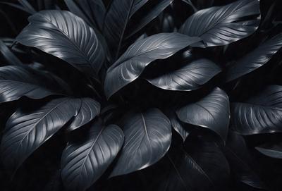 The primary subject of the image is a close-up of a large leaf, possibly a fern, with a dark background. The leaf is the main focus of the image, and it appears to be a natural, organic element. The setting is a black background, which emphasizes the leaf and creates a dramatic visual effect. The visual style is a close-up, which highlights the intricate details of the leaf. The colors in the image are predominantly dark, with the leaf being the main source of color and contrast. The overall atmosphere of the image is moody and dramatic, with the leaf standing out against the dark background.