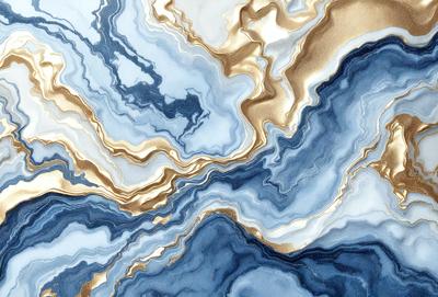 The primary subject of the image is a blue and gold marbled tile. The setting is a wall with the marbled tile as the main focus. The visual style is a close-up of the tile, showcasing its intricate design. The colors and mood of the image are predominantly blue and gold, creating a warm and elegant atmosphere.