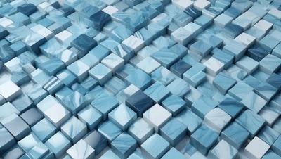 The primary subject of the image is a large, intricate mosaic made up of many small, square tiles. The setting is a blue and white marble surface, which serves as the backdrop for the mosaic. The visual style is a combination of photo and digital art, creating a unique and eye-catching pattern. The colors and mood of the image are predominantly blue and white, giving it a clean and elegant appearance.