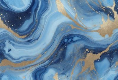 The primary subject of the image is a blue and gold marbled surface, which appears to be a piece of art or a decorative item. The setting is a room with a blue and gold marbled wall, and the visual style is a combination of digital art and illustration. The dominant colors in the image are blue and gold, creating a luxurious and elegant atmosphere.