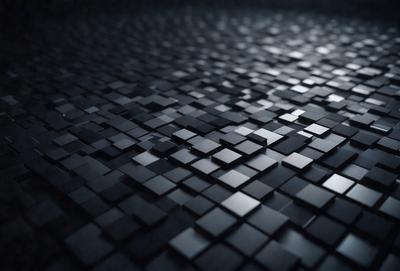 The primary subject of the image is a black and white patterned surface, which appears to be a tile or a black and white checkered floor. The setting is a dark room, and the visual style is a close-up of the patterned surface. The colors and mood of the image are predominantly dark and moody, with the black and white pattern creating a sense of depth and contrast.