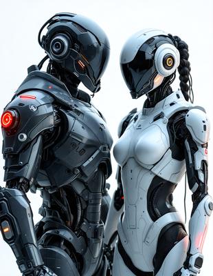 The primary subject of the image is a futuristic robot, which is a prominent feature in the scene. The robot is positioned next to another robot, creating a sense of companionship or interaction between the two. The setting appears to be a white background, which emphasizes the robot's design and features. The visual style of the image is digital art, as it showcases the intricate details and design of the robots. The colors and mood of the image are predominantly white, giving it a clean and modern appearance.