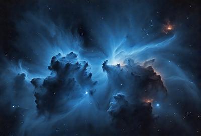 The primary subject of the image is a beautiful, blue nebula with a star in the center. The setting is a dark, starry sky, and the visual style is a combination of a photo and digital art. The dominant colors are blue and purple, creating a serene and peaceful atmosphere.