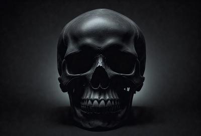 The primary subject of the image is a black skull. The setting is a dark background, which creates a dramatic and moody atmosphere. The visual style is a close-up of the skull, emphasizing its details. The colors are predominantly black, with the skull being the main focus of the image.