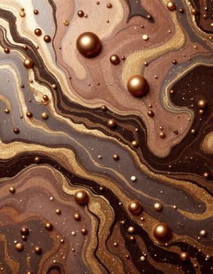 The primary subject of the image is a close-up of a marbled surface with gold and brown colors. The setting is a patterned surface, possibly a marble or stone material. The visual style appears to be a combination of a photo and digital art, as the gold and brown colors are emphasized, and the patterned surface is detailed. The colors and mood of the image are warm and inviting, with the gold and brown tones creating a sense of luxury and sophistication.