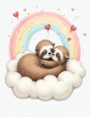 The primary subject of the image is a pair of brown and white raccoons. They are cuddling and sleeping together in a cloudy, colorful environment. The setting includes a rainbow and hearts, which adds a playful and whimsical touch to the scene. The visual style is a hand-drawn illustration, giving the image a unique and charming appearance. The colors and mood are warm and cozy, with the raccoons appearing comfortable and relaxed in their shared space.
