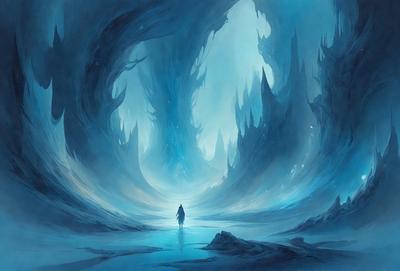 The primary subject of the image is a person walking through a cave. The setting is a dark, underground cave with a blue light illuminating the area. The visual style is an illustration or digital art, creating a dramatic and mysterious atmosphere. The dominant colors are blue and black, with the blue light adding a sense of depth and intrigue to the scene.