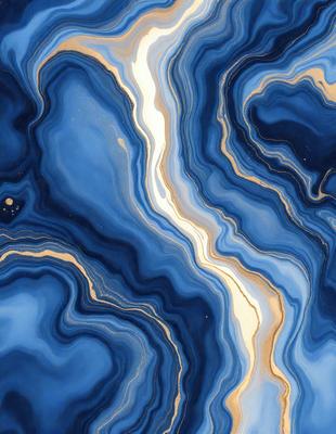 The primary subject of the image is a blue and gold marbled stone. The setting is a close-up of the stone, showcasing its intricate patterns and colors. The visual style is a detailed, artistic representation of the stone, possibly as a digital art or illustration. The dominant colors are blue and gold, creating a rich and luxurious atmosphere.