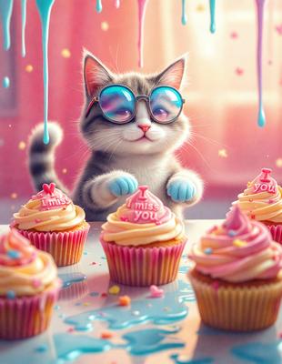 The primary subject of the image is a cat wearing sunglasses and holding a cupcake. The cat is standing in front of a table with several cupcakes on it. The setting appears to be a playful and whimsical environment, possibly a cartoon or a children's book illustration. The visual style is a combination of digital art and illustration, creating a fun and imaginative scene. The colors and mood are predominantly pink and light-hearted, reflecting the cheerful and amusing nature of the image.