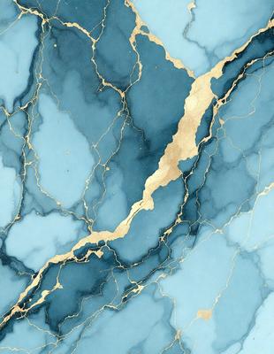 The primary subject of the image is a blue and gold marbled wall. The setting is a room with a blue and gold marbled wall, which serves as the background. The visual style is a painting, with the artist using a combination of blue and gold colors to create a unique and eye-catching design. The colors and mood of the image are vibrant and luxurious, evoking a sense of sophistication and elegance.