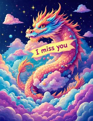 The primary subject of the image is a dragon, which is the main object, scene, or focus of the image. The dragon is depicted in a colorful and vibrant manner, with a pink and blue color scheme. The dragon is surrounded by clouds, which serve as the setting or background of the image. The visual style of the image is digital art, as it is a well-crafted and detailed illustration. The overall atmosphere of the image is lively and playful, with the dragon and clouds creating a whimsical and imaginative scene.